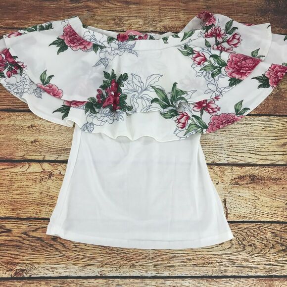 Jacaranda Womens Off Shoulder Blouse Floral Tiered Ruffle Semi Sheer Sz S  - Picture 1 of 4